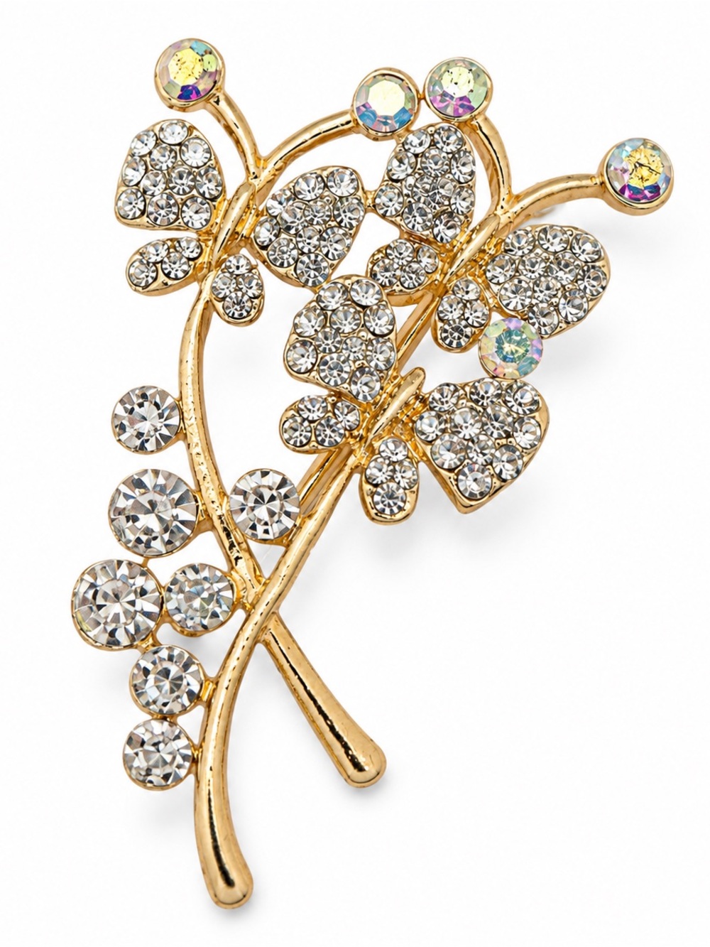 Gold Tone Rhinestone Floral Butterfly Brooch Pin | Crystal Statement Vintage